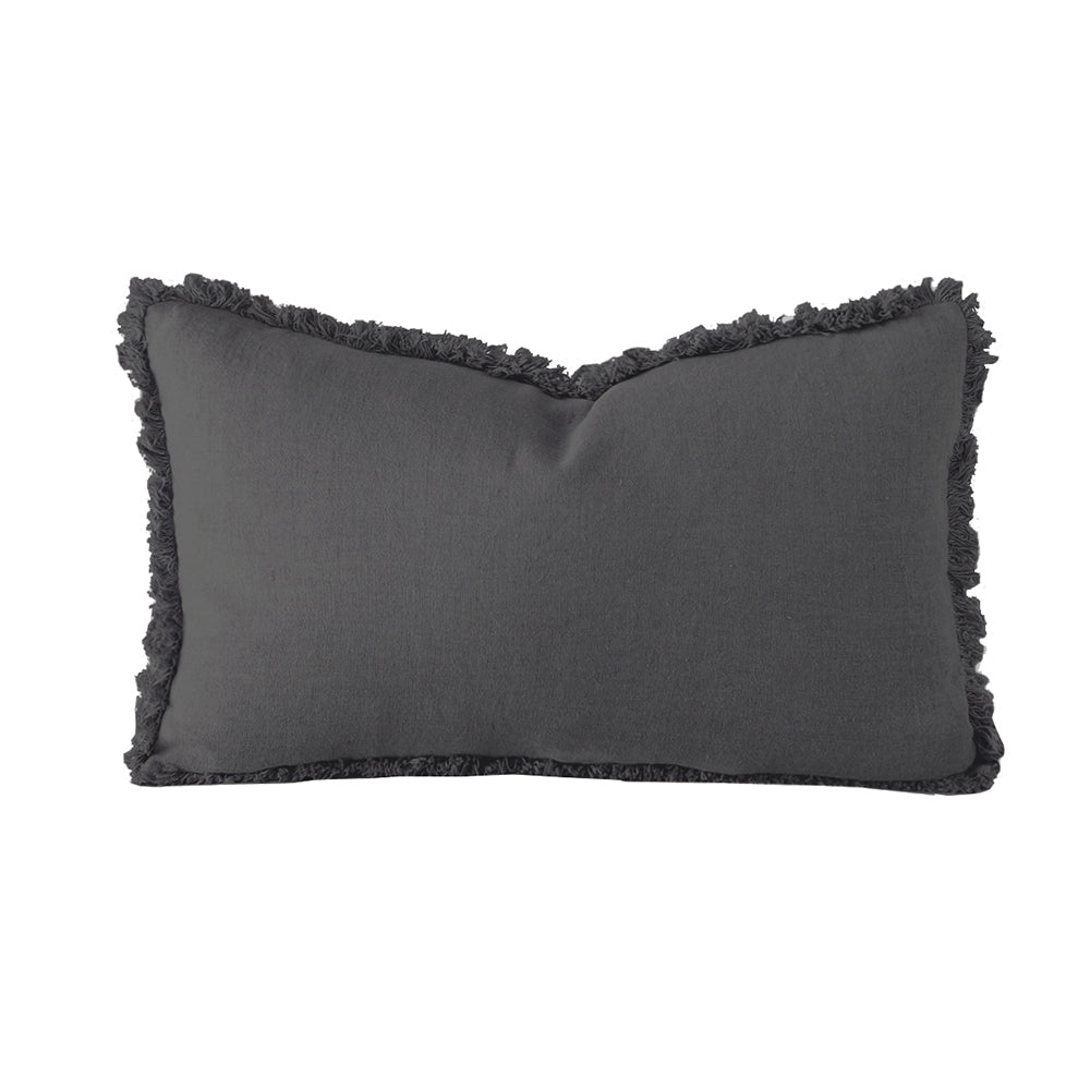 100% Linen Charcoal Fringed Long Filled Cushion