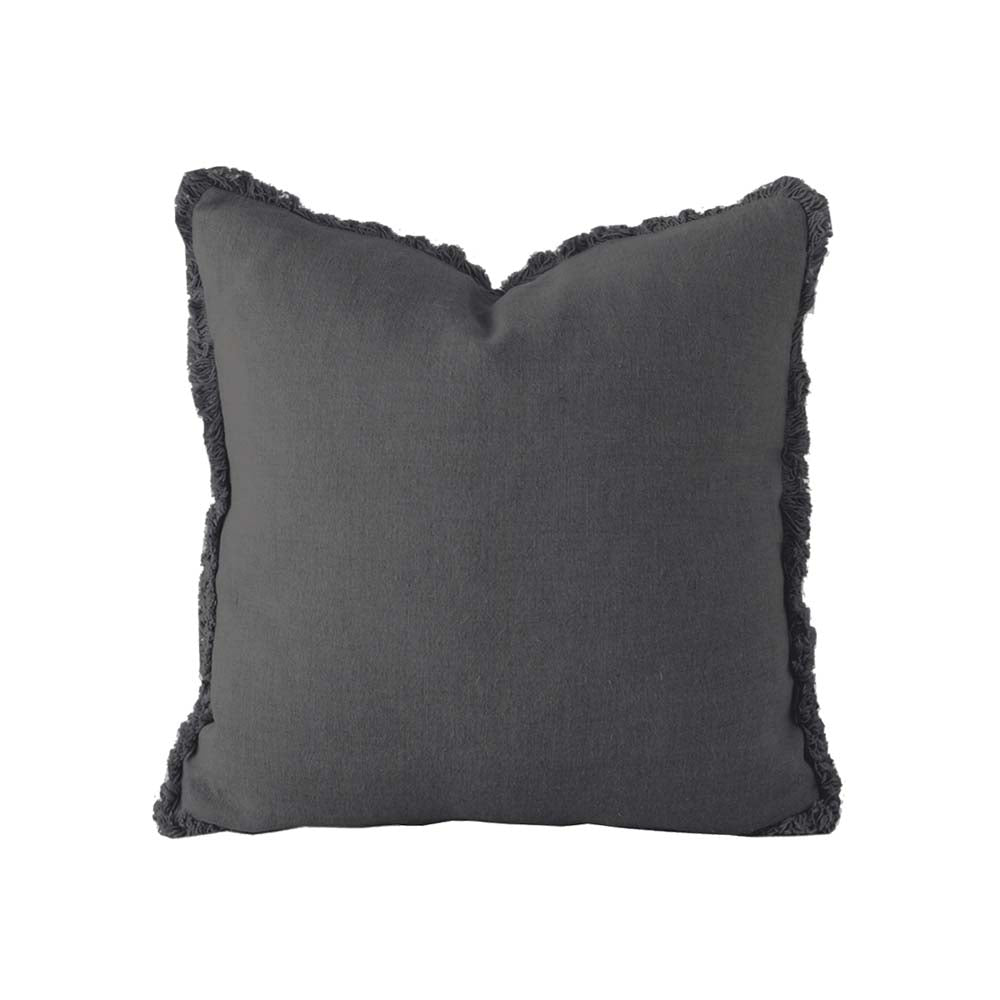 100% Linen Charcoal Fringed Square Filled Cushion