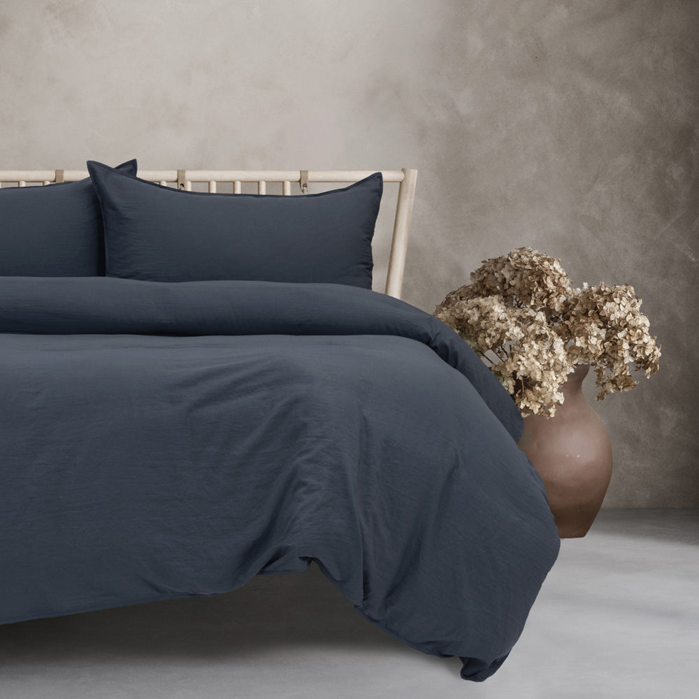 Ardor Boudoir Vintage Washed Navy Quilt Cover Set Closeup | My Linen