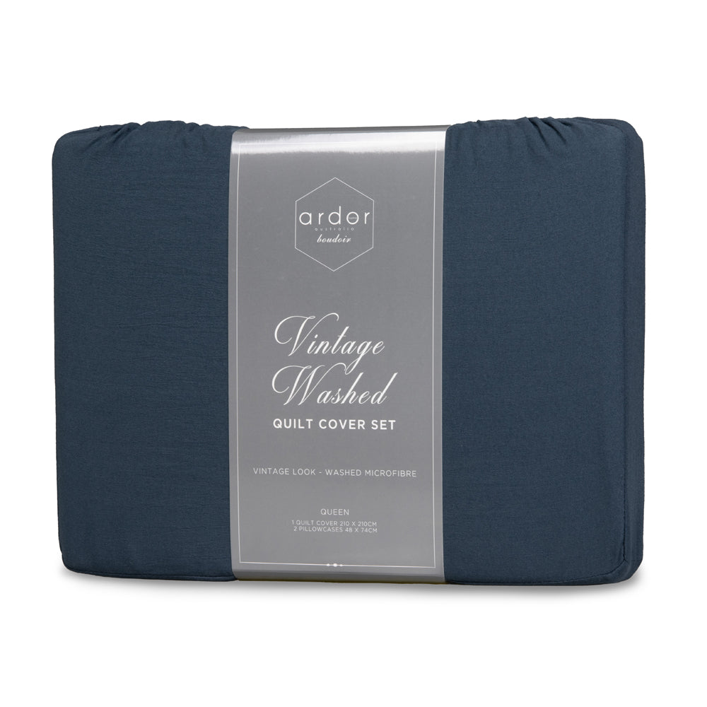 Ardor Boudoir Vintage Washed Navy Quilt Cover Set Packaged | My Linen