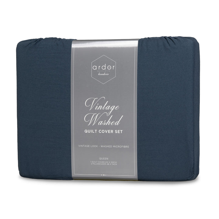 Ardor Boudoir Vintage Washed Navy Quilt Cover Set Packaged | My Linen