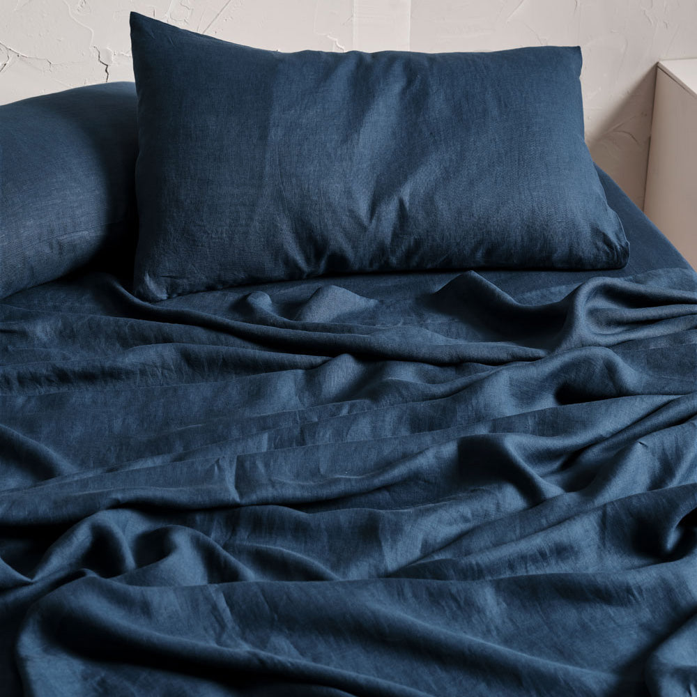 Nimes Navy Linen Sheet Set | Queen Bed 50cm