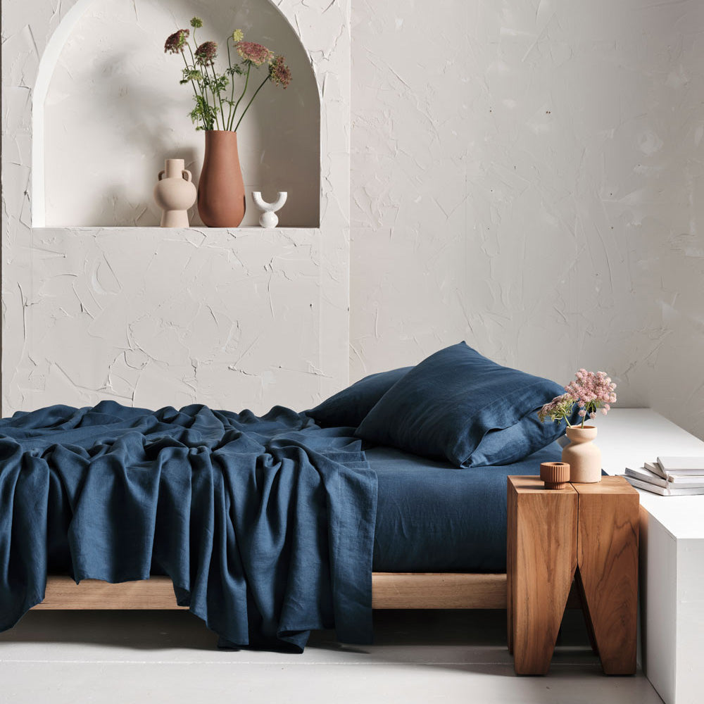 Nimes Navy Linen Sheet Set | Queen Bed 50cm