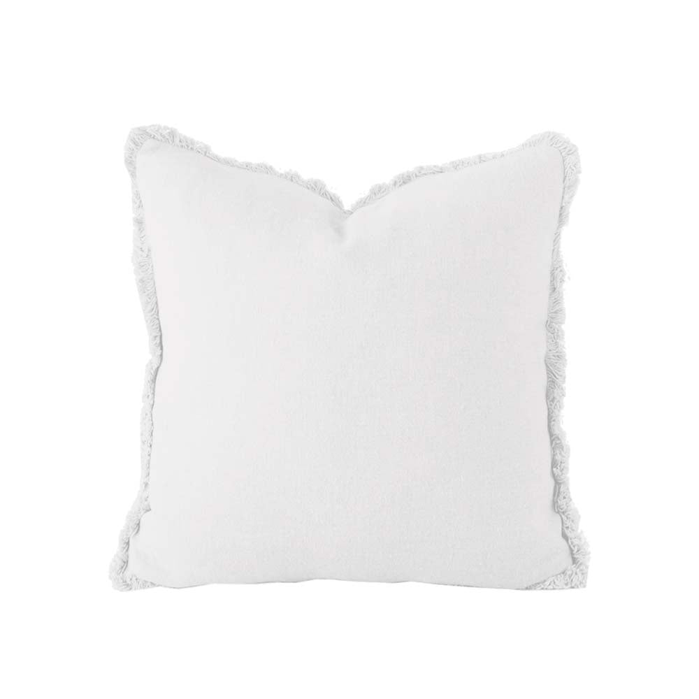 100% Linen Ivory White Fringed Square Filled Cushion