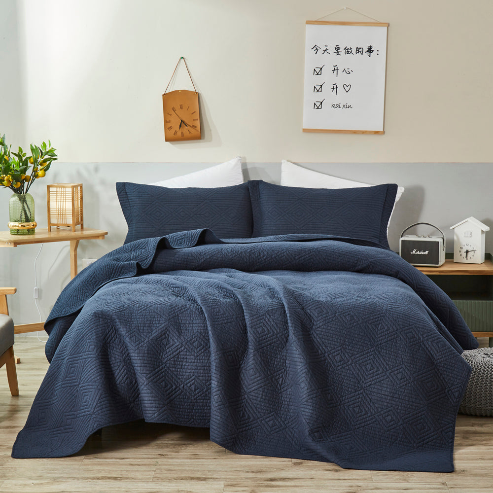 Diamond Navy Coverlet Set | King Single Bed