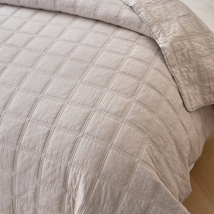 Classic Quilts Embroidered Square Light Sand Coverlet Set Closeup | My Linen