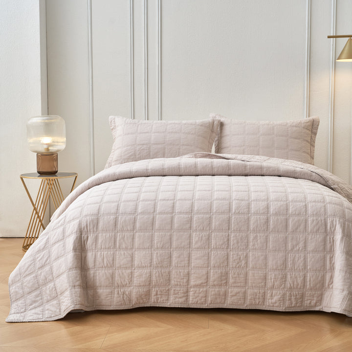 Classic Quilts Embroidered Square Light Sand Coverlet Set Lifestyle | My Linen