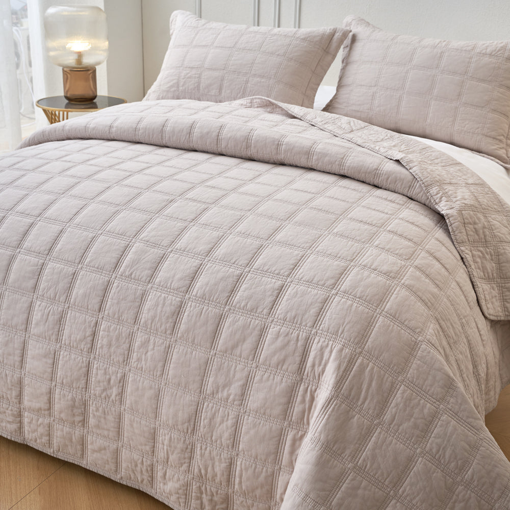 Classic Quilts Embroidered Square Light Sand Coverlet Set Side | My Linen