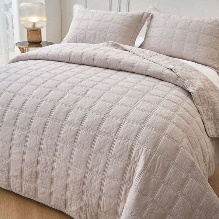 Classic Quilts Embroidered Square Light Sand Coverlet Set Side | My Linen