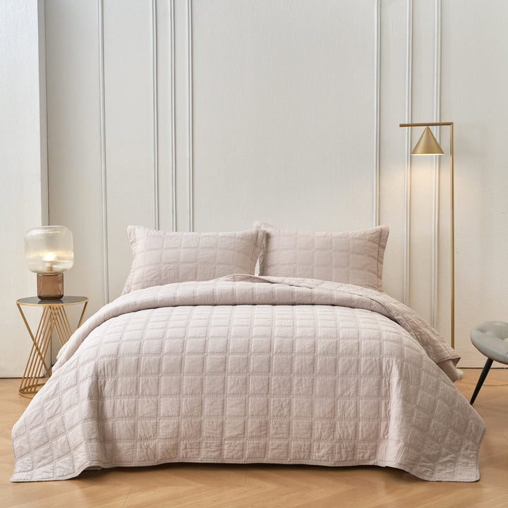 Classic Quilts Embroidered Square Light Sand Coverlet Set | My Linen
