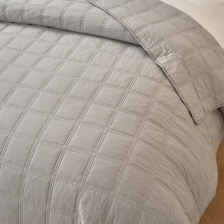 Classic Quilts Embroidered Square Smokey Grey Coverlet Set Closeup | My Linen