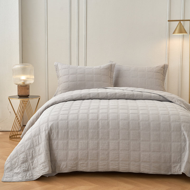 Classic Quilts Embroidered Square Smokey Grey Coverlet Set Lifestyle | My Linen