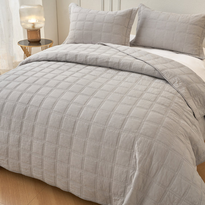 Classic Quilts Embroidered Square Smokey Grey Coverlet Set Side | My Linen