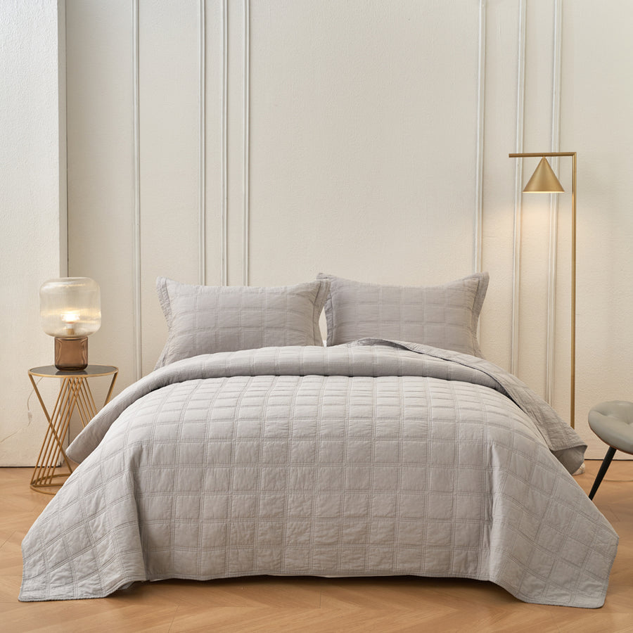 Classic Quilts Embroidered Square Smokey Grey Coverlet Set | My Linen