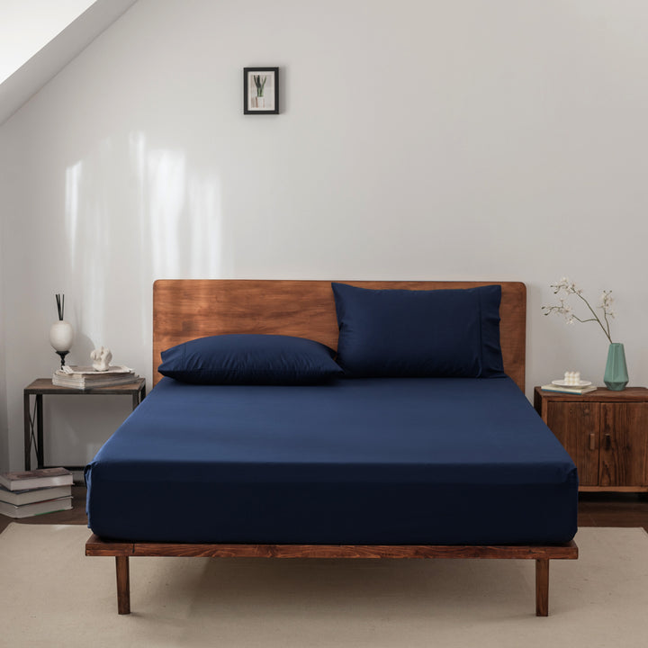 Casey Cotton Fitted Sheet & Pillowcase Combo 400TC Navy | Long Single Bed 50cm