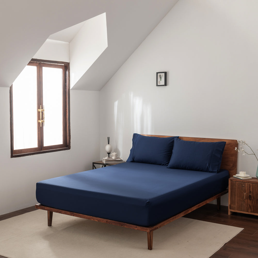 Casey Cotton Fitted Sheet & Pillowcase Combo 400TC Navy | Long Single Bed 50cm