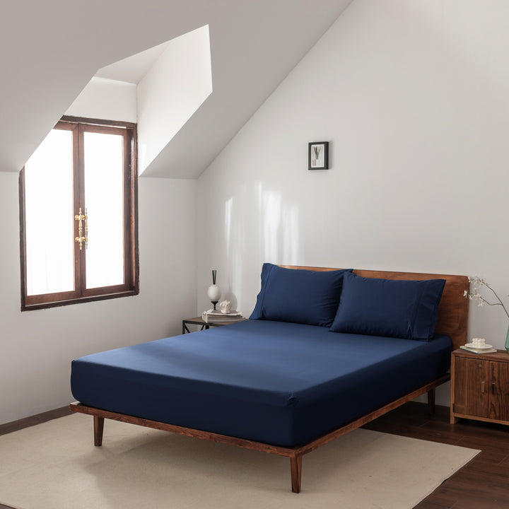 Casey Cotton Fitted Sheet & Pillowcase Combo 400TC Navy | Long Single Bed 50cm