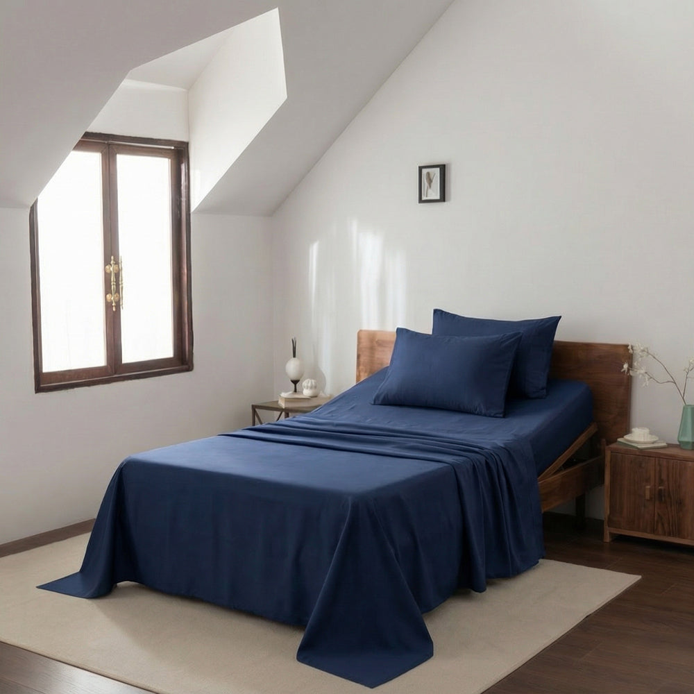 Casey Cotton Sheet Set 400TC Navy | Long Single Bed 50cm