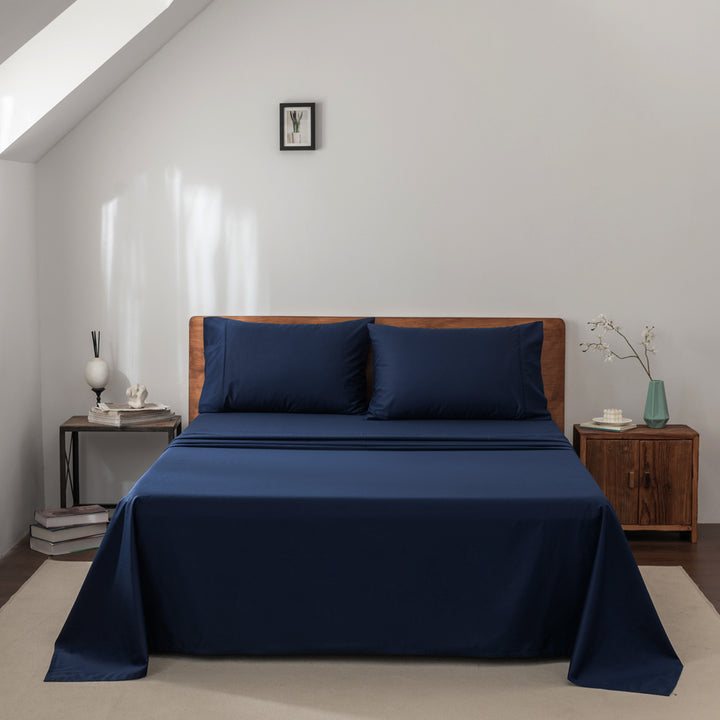 Casey Cotton Sheet Set 400TC Navy | Long Single Bed 40cm