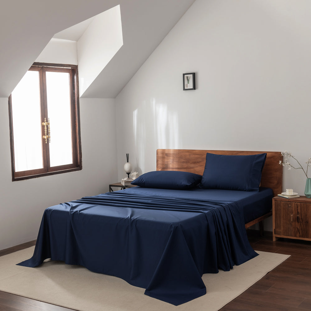 Casey Cotton Sheet Set 400TC Navy | Single Bed 40cm