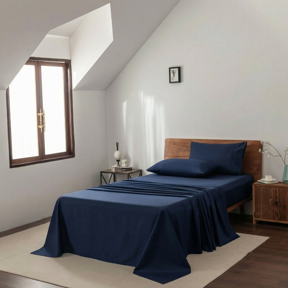 Casey Cotton Sheet Set 400TC Navy | King Single Bed 50cm