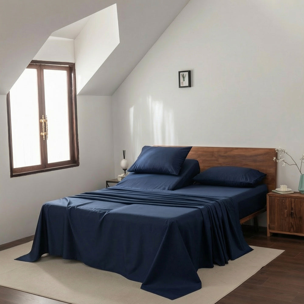 Casey Cotton Sheet Set 400TC Navy | Split Queen Bed 60cm