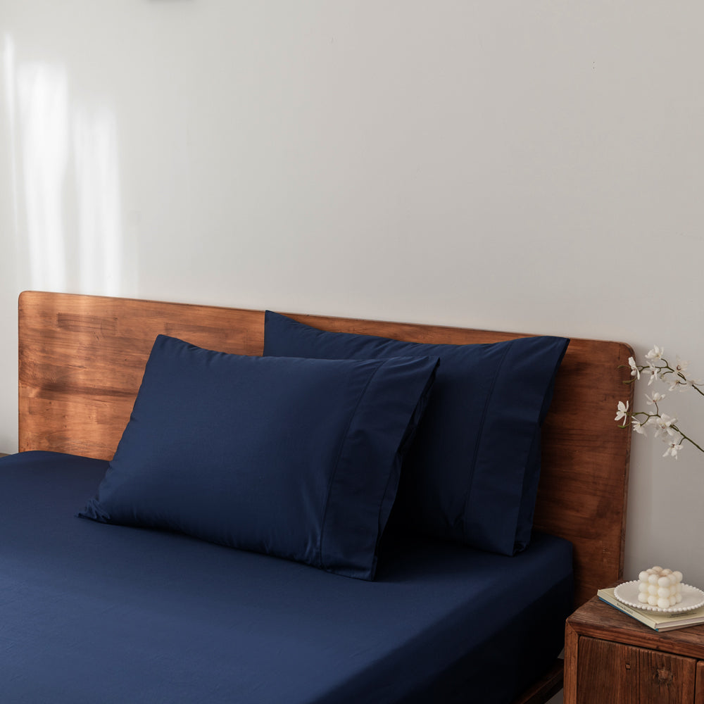 Casey Cotton Fitted Sheet & Pillowcase Combo 400TC Navy | Long Single Bed 50cm