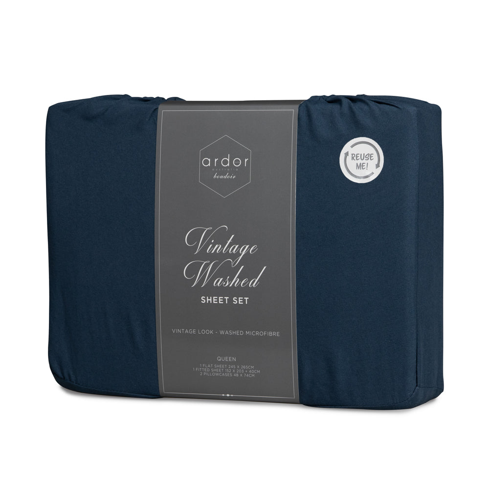 Ardor Boudoir Vintage Washed Navy Sheet Set Packaged | My Linen
