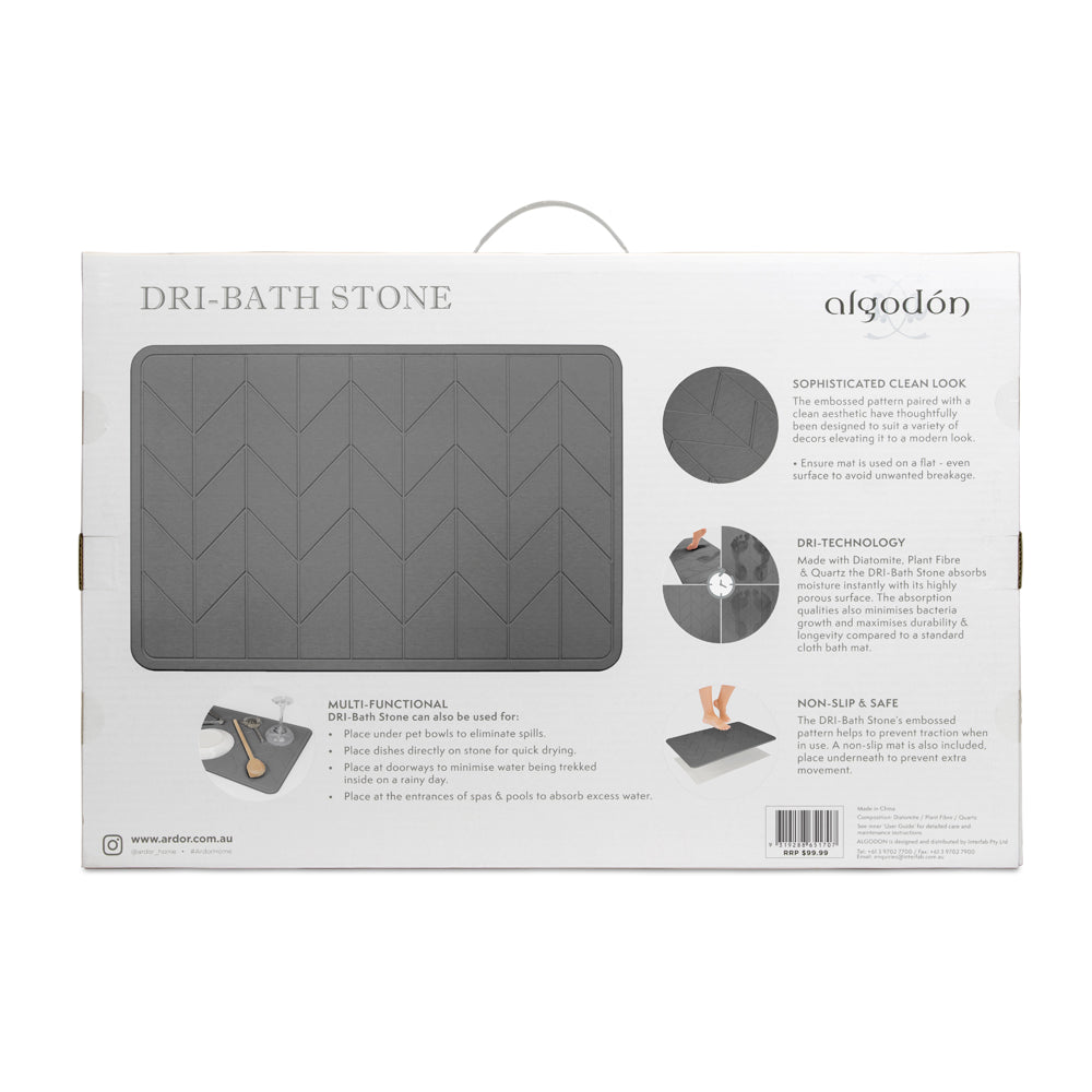 Algodon Dri Bath Stone Charcoal Bath Mat Detail Package Reverse | My Linen