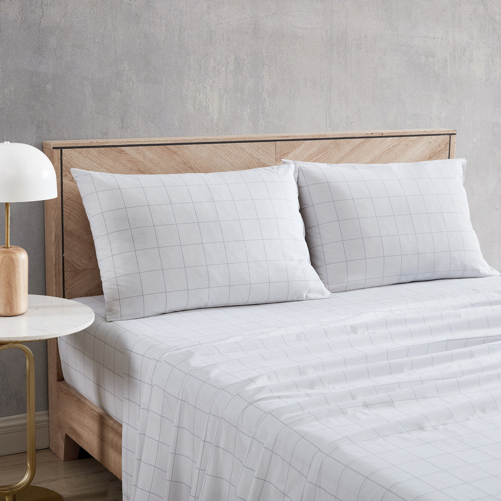 Kenneth Cole Classic Grid Grey Sheet Set Closeup | My Linen