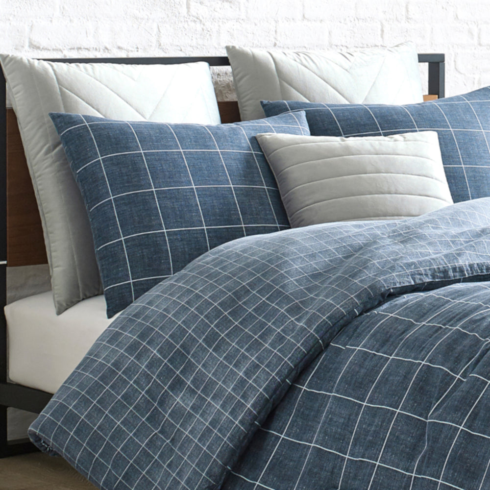Kenneth Cole Holden Grid Indigo Quilt Cover Set Closeup | My Linen