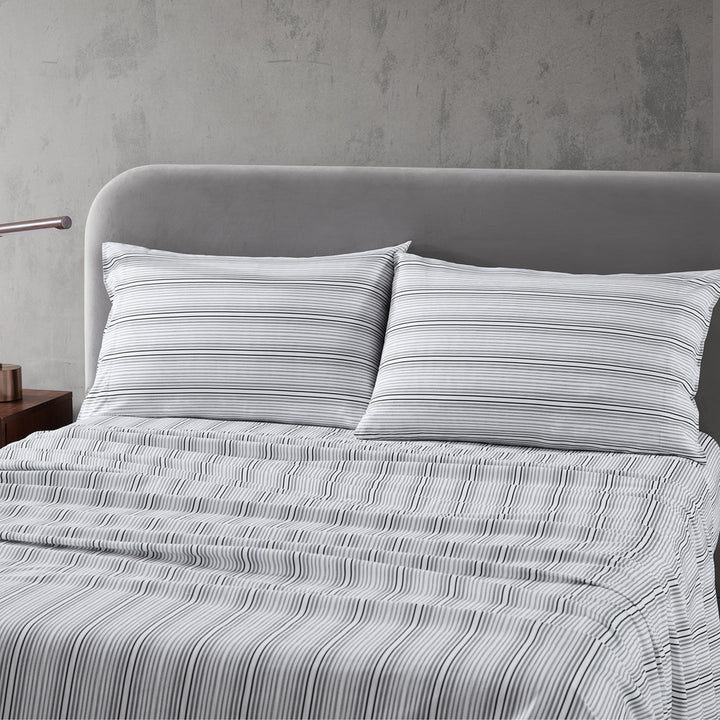 Kenneth Cole Lexington Stripe Black Sheet Set Closeup | My Linen