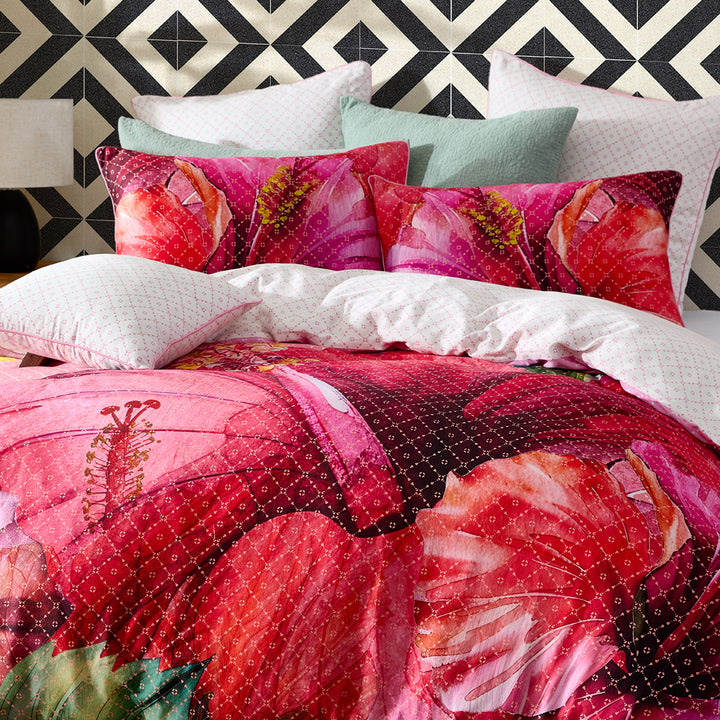 Logan and Mason Hibiscus Hue Pink Quilt Cover Set Closeup | My Linen