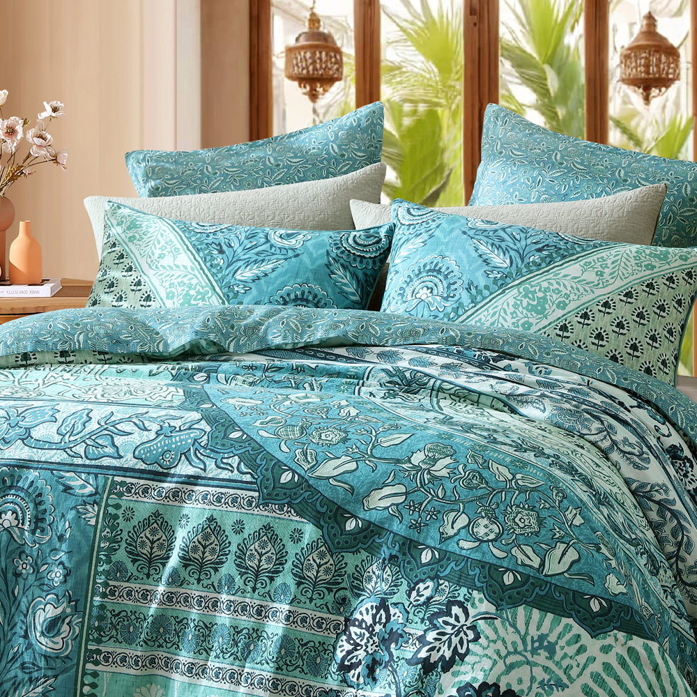 Logan and Mason Jessa Teal Quilt Cover Set Closeup | My Linen
