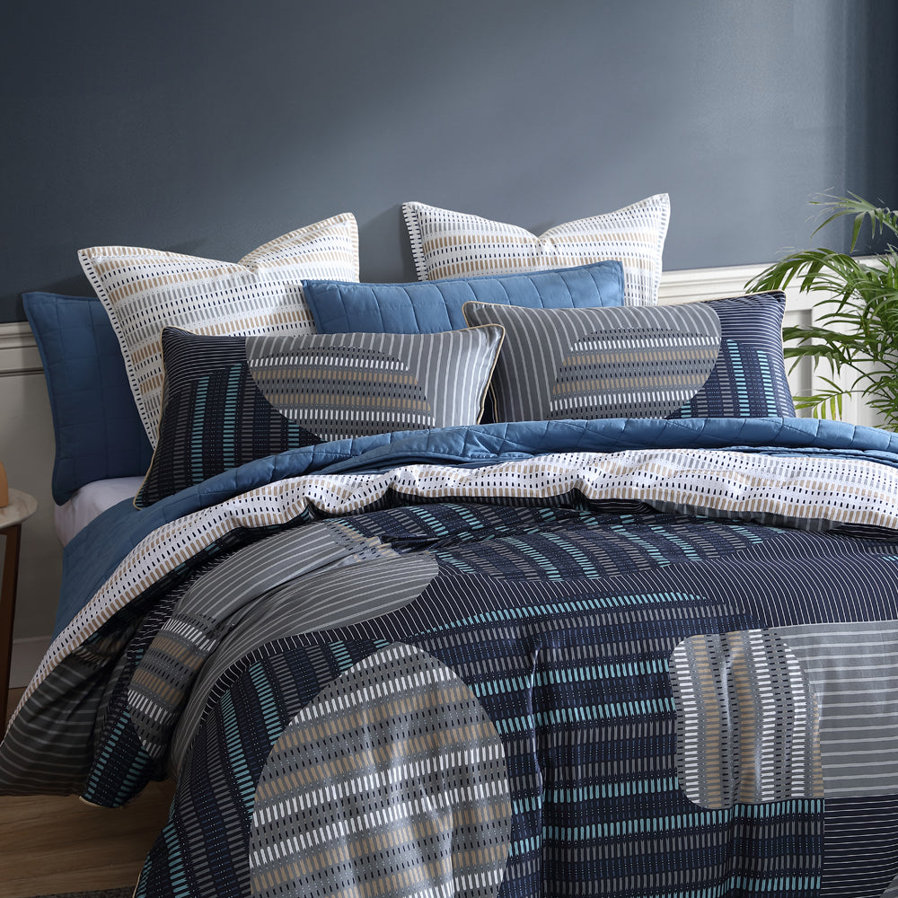 Statham Navy Quilt Cover Set | Queen Bed