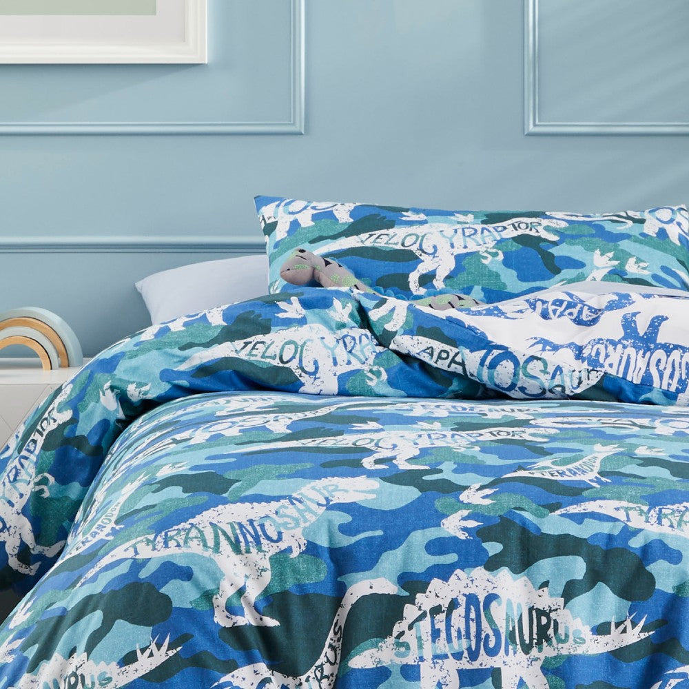 Camo Dino Blue Quilt Cover Set | Double Bed