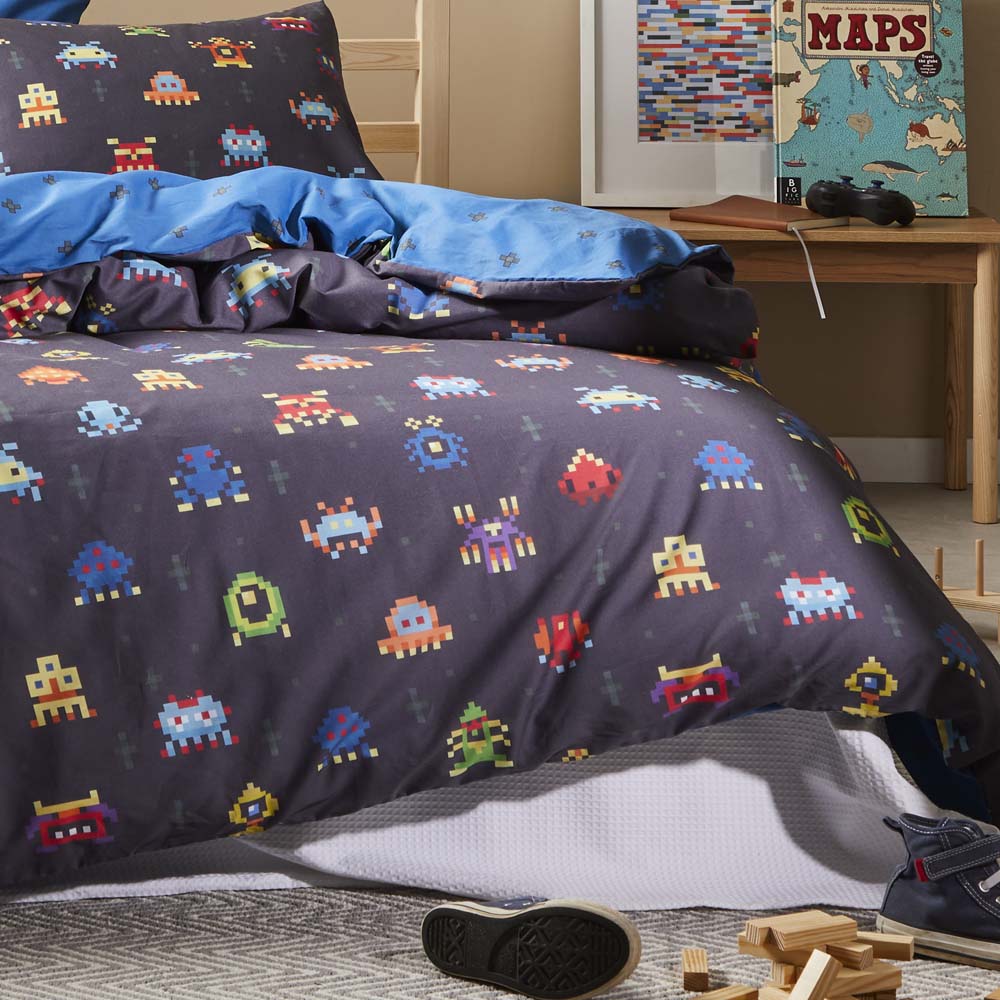 Space Invaders Navy Quilt Cover Set | Single Bed