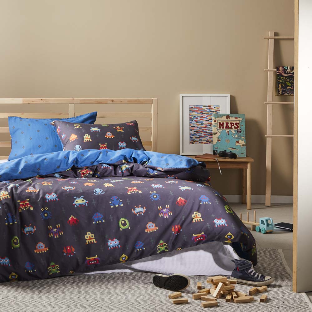 Space Invaders Navy Quilt Cover Set | Single Bed