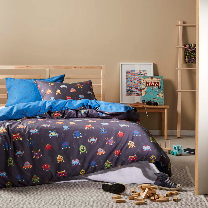 Space Invaders Navy Quilt Cover Set | Single Bed