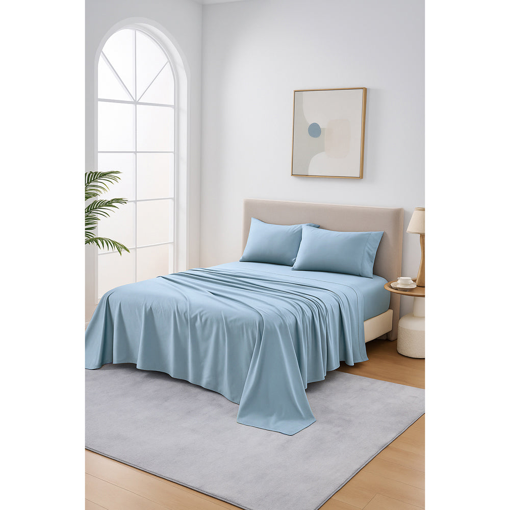 Mia Grace Cotton Percale 300TC Coastal Blue Sheet Set Lifestyle | My Linen