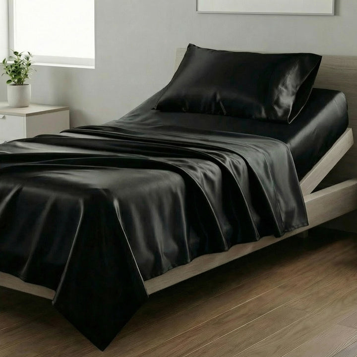 Mia Grace Satin Black Long Single Sheet Set | My Linen