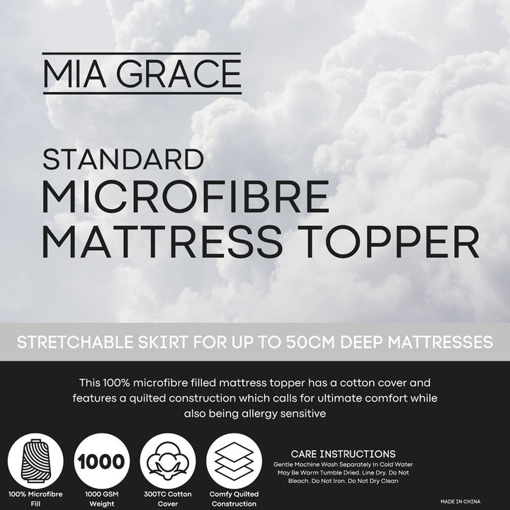 Standard 1000GSM Microfibre Mattress Topper | King Single Bed