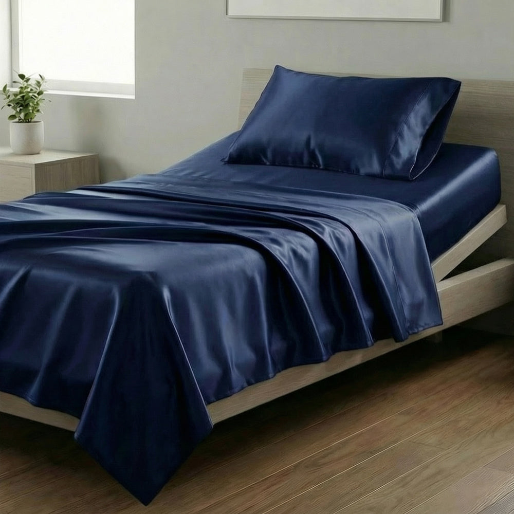 Mia Grace Satin Navy Blue Long Single Sheet Set | My Linen