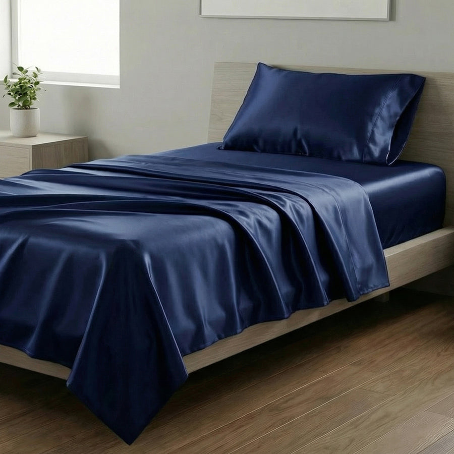 Mia Grace Satin Navy Blue Single Sheet Set | My Linen