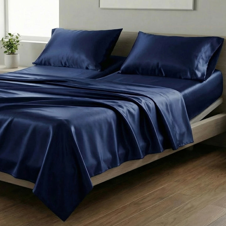 Mia Grace Satin Navy Blue Split King Sheet Set | My Linen